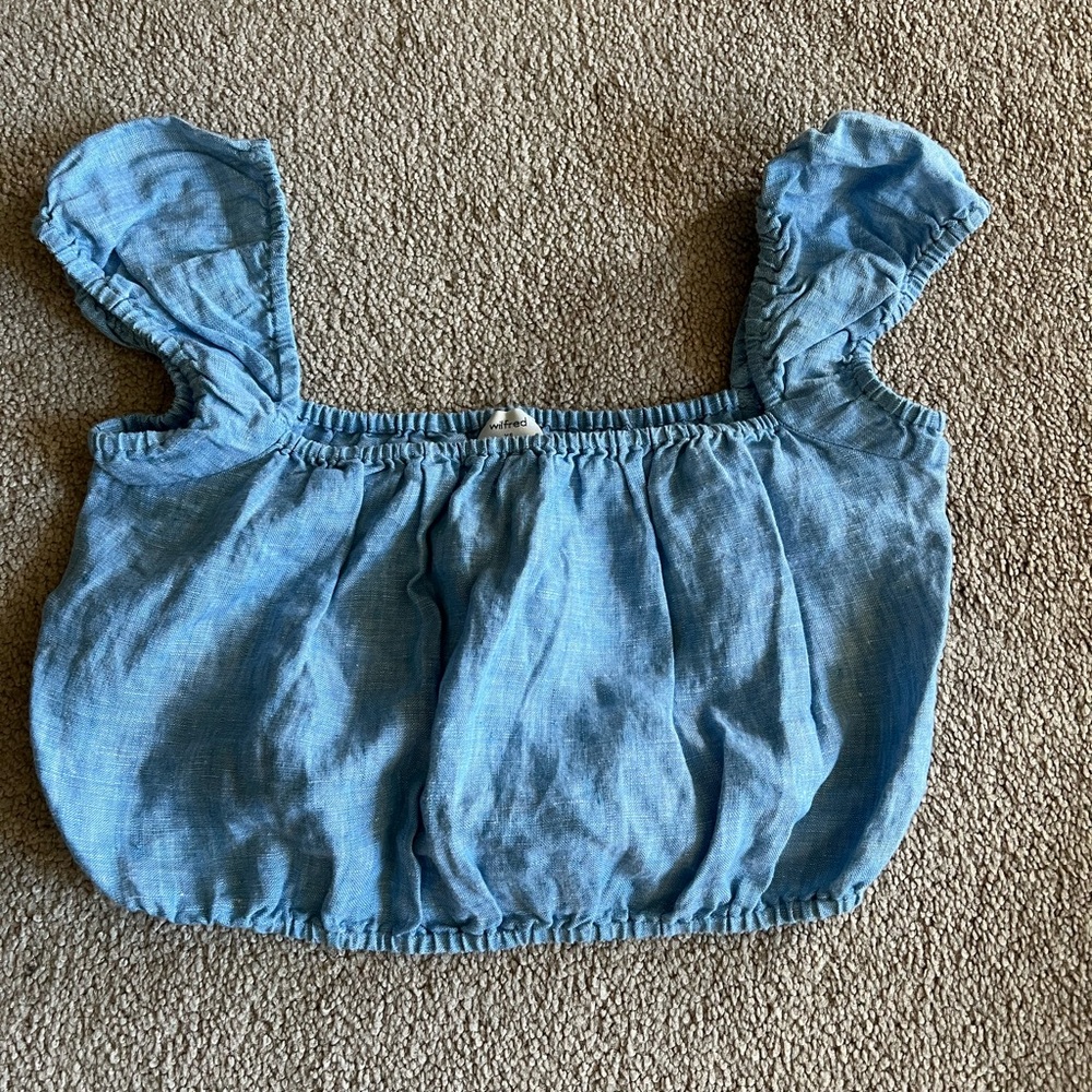 Aritzia Wilfred Light Blue Linen Crop Top